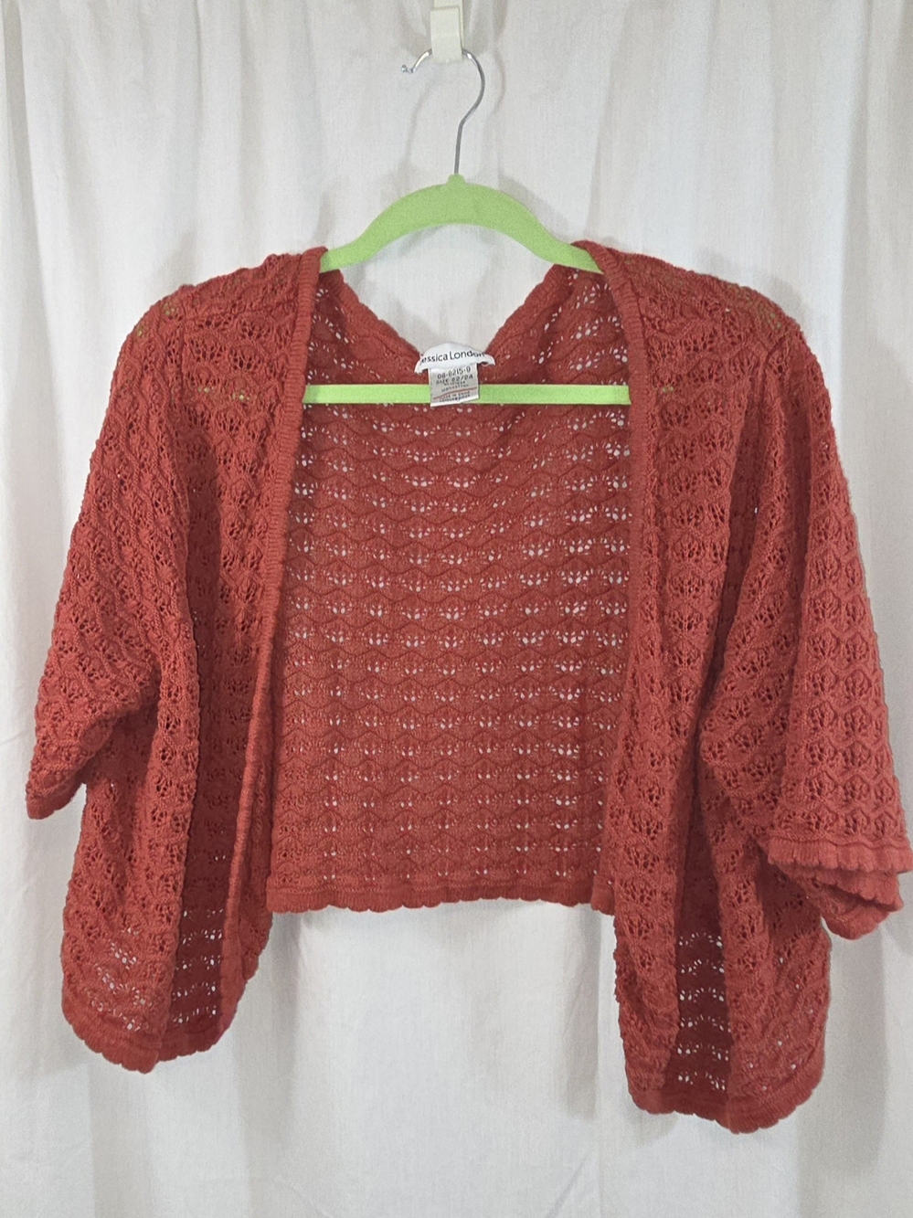 Jessica London Coral-Red Open-Knit Cropped Cardigan